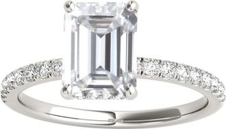Mauli Jewels 2.30 Carat Emerald Cut Moissanite And Natural Round Diamond Engagement Rings For Women In 10K Solid White Gold Ring Size 6