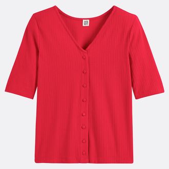 La Redoute Collections T-shirt met V-hals en knoopsluiting, korte mouwen