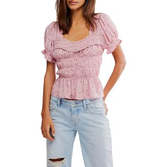 Free People Adore You Ruffle Puff Sleeve Peplum Top in Bleached Mauve Combo at Nordstrom Rack, Size X-Small
