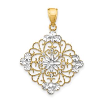 Diamond2Deal 14k Yellow Gold and White Rhodium Diamond-cut Filigree Medallion Charm Pendant