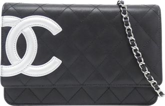 Chanel Cambon Silver Black Leather Chain/Shoulder Wallet (Pre-Owned)