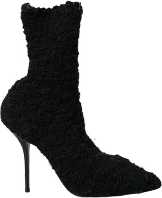 Dolce & Gabbana Womens Fuzzy Boucl Ankle Boots High Heels - Black Leather - Size 37.5 EU/IT