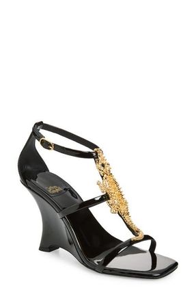 Jeffrey Campbell Swamped Wedge Sandal in Black Patent Gold at Nordstrom, Size 5.5