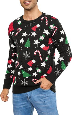 iClosam Mens Christmas Jumpers Long Sleeve Pullover Crew Neck Ugly Funny Novelty Snowman Stars Knitwear Top Black