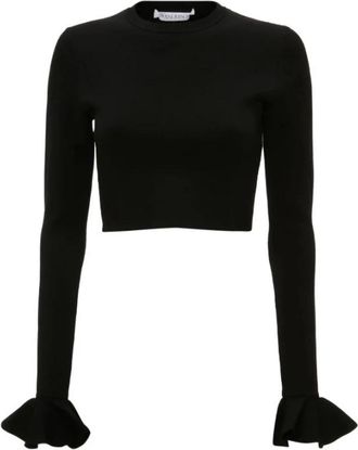 J.W.Anderson Cropped Trui met Geplooide Mouwen - Dames - Longsleeves - Zwart - M - Katoen - Tops