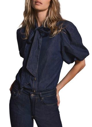 Mint Velvet Puff Sleeve Denim Shirt in Navy at Nordstrom, Size Small