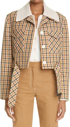 Wales Bonner Kalimba Plaid Crochet Collar Crop Jacket in Bone/cognac/chestnut at Nordstrom, Size 40
