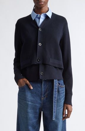 sacai Layered Poplin & Knit Cardigan in Navy/light Blue Stripe at Nordstrom, Size 2
