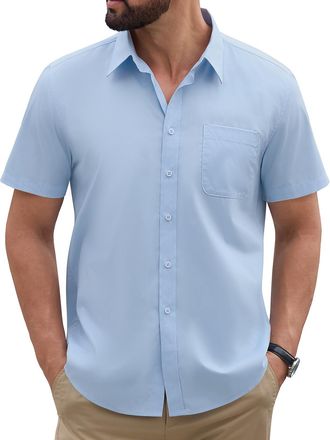 Heekpek Mens Shirts Short Sleeve Summer Oxford Shirt for Men Smart Casual T Shirts Button Down Collar, Light Blue, XXL