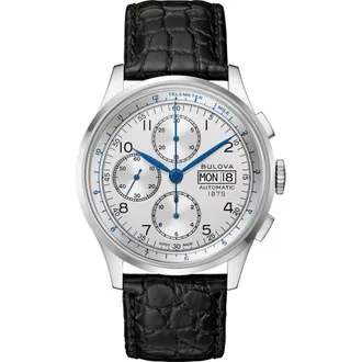 Bulova Joseph Bulova Leather Strap Chronograph Watch, 42mm in Silver-Tone at Nordstrom