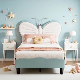OEM Cama Infantil 90x190 Cm, Cama Individual Tapizada Con L&aacute;mpara De Lectura, Cabecero En Forma De Mariposa, Somier De Lamas, Blanco Y Azul