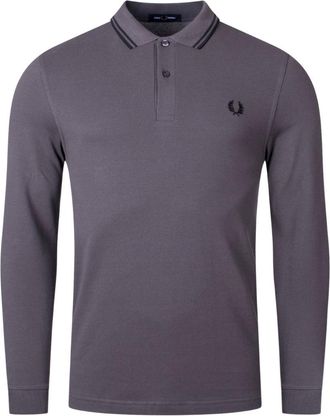 Fred Perry Herenpolo met dubbele kraag en lange mouwen (Gunmetal Grijs)