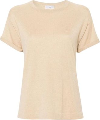 Brunello Cucinelli Metallic Beige Gebreid T-shirt - Dames - T-shirts - Beige - M - Kasjmier - Tops