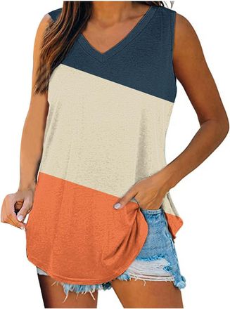 Generic Women V Neck Vest Tops Clearance Summer Sleeveless Tank Tops Casual Beach Blouse Loose Fit Solid Elegant Party T Shirts Camisole Striped Printed Tees 