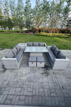 Fimous U Shape Rattan Garden Furniture Set Adjustable Rising Lifting Table Dining Set Coffee Tea Table in Light Grey
