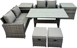Fimous 6 Seater Wicker pe Rattan Furniture Outdoor Dining Table Double Seat Sofa 2 Side Table 2 Small Stools Set Dark Grey Mixed - Fimous