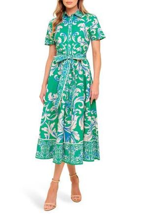 Flying Tomato Swirl Print Short Sleeve Cotton Shirtdress in Green Ivory at Nordstrom Rack, Size Large