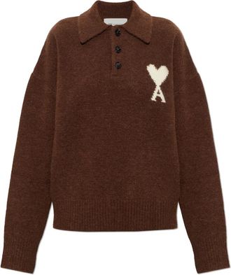 Ami Wool Long-Sleeve Polo - Dames - V-hals truien - Bruin - S - Wol - Truien & Vesten