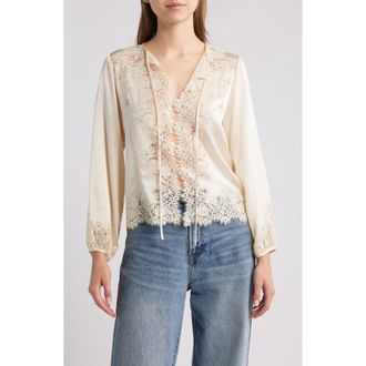 D&ocirc;en Lucine Lace Trim Silk Button-Up Shirt in Candlelight at Nordstrom, Size Large