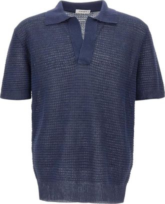 KANGRA Tops, Heren, Blauw, L, Linnen, Open-knit Linnen Polo