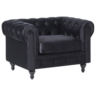 Beliani Sill&oacute;n Tapizado En Tela De Terciopelo Negro Patas De Madera Oscura Contempor&aacute;neo Chesterfield