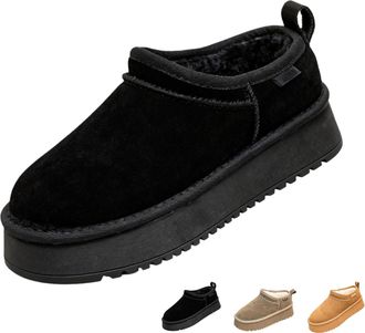 Generic New Womens Winter Platform Slippers, Genuine Suede Slip-On Ankle Boots, Warm Comfortable Plush Fur Lined House Shoes Snow Boots for Indoor Outdoor,Bla