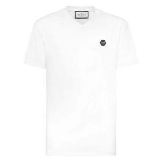 Philipp Plein Tops, Heren, Wit, 2Xl, Katoen, Basic V-Neck T-Shirt Hexagon