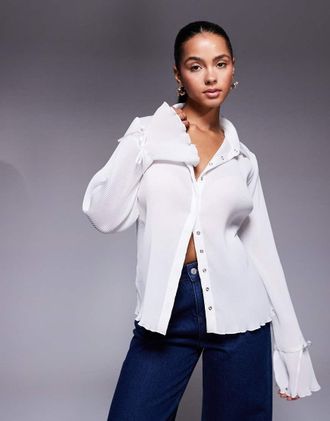 Princess Polly Ravil - Camicia bianca a coste con maniche svasate con laccetti-Bianco