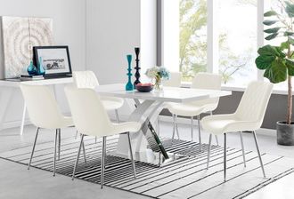 Furniturebox Atlanta 6 White Dining Table & 6 Pesaro Silver Leg Chairs in Cream