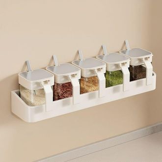 OEM Especiero De Pared De Acero Inoxidable Con 5 Tarros - Soporte Compacto Para Especias, Dise&ntilde;o Moderno, Almacenamiento Optimizado, 39 X 8,7 X 5 Cm, Blan