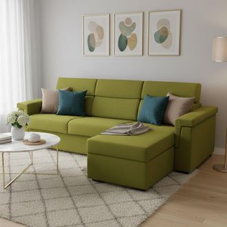 Dmora Sof&aacute; Cama Con Chaise Longue Ganzaria, Desenfundable, Almacenaje Made In Italy, Hidr&oacute;fugo, Convertible, 285x160 Cm Verde