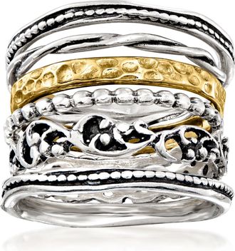 Ross-Simons Sterling Silver and 18kt Gold Over Sterling Jewelry Set: 6 Textured Rings