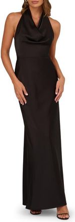 Adrianna Papell Cowl Neck Open Back Satin Gown in Black at Nordstrom, Size 14
