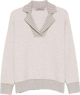D.exterior V-hals Trui met Gestreepte Kraag - Dames - V-hals truien - Beige - XL - Wol - Truien & Vesten