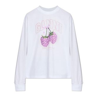Ganni Long Sleeve Tops, female, White, Size: S Long-Sleeve T-Shirt with Raspberries