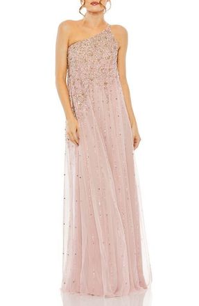 Mac Duggal One Shoulder Embellished Trapeze A Line Gown in Porcelain Gold at Nordstrom, Size 12