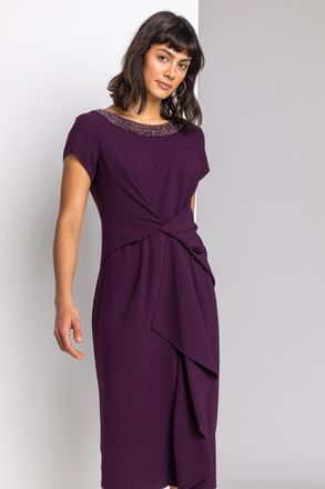 Roman Embellished Twist Waist Stretch Ruched Dress