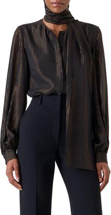 Akris Metallic Stripe Silk Georgette Scarf Button-Up Shirt in Black-Gold at Nordstrom, Size 10