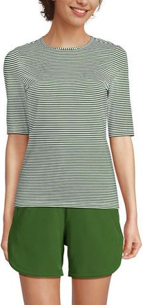 Lands End SunShade UPF 50 Elbow Sleeve Rash Guard Swim Tee in Fusion Green Mini Stripe at Nordstrom, Size X-Large P