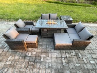 Fimous Outdoor Garden Furniture Sets 9 Pieces Wicker Rattan Furniture Gas Firepit Dining Table Sofa Set with 3 Footstools in Dark Grey