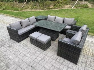 Fimous 10 Seater Outdoor Rattan Adjustable Rising Lifting Side Tables Small Footstools in Dark Grey