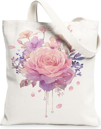 Generic Vintage Flower Pattern Canvas Tote Bags, Floral Reusable Grocery Bags, Lightweight Washable Shoulder Strap Canvas for Trave, White, 13x15 Inch