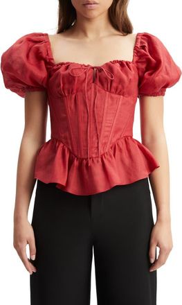 Bardot Esra Puff Sleeve Ramie Corset Top in Fire Red at Nordstrom, Size 10