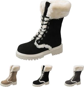 Generic Mid Calf Snow Boots Women, Womens Lightweight Snow Boots Stylish Fleece Lined Booties With Fluffy Collar Comfortable Lace Up Booties With Flat Low Hee