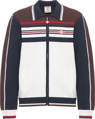 Casablanca White Textured Zip Front Sweatshirt with Logo Accents