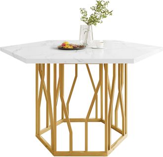 STILVORA Mesa De Comedor Hexagonal En Mdf Y Acero Con Tablero Motivo Marmoleado Y Patas De Metal Dendr&iacute;ticas - 115,5&times;100&times;75 Cm, Dorado Y Blanco