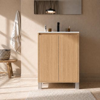 Aurlane Pack Mueble De Ba&ntilde;o 50cm Roble Claro 2 Puertas Con Lavabo De Cer&aacute;mica