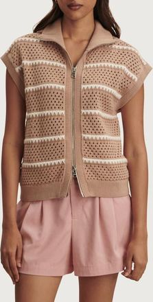 Varley Haney Stripe Pointelle Knit Zip Front Sweatshirt in Light Taupe at Nordstrom, Size X-Large