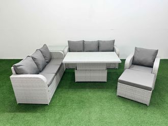 Fimous 8 Seater Poly Rattan Outdoor Garden Furniture Adjustable Lifting Dining or Coffee Table Sofa Set Patio 3 Seater Sofa Reclining Chair 3 Seater