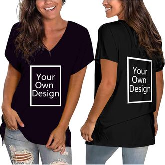 Generic Personalised T Shirts for Women, Front and Back, Customised, Text and Image, V Neck, Casual, Loose Fit, Multicolor, Create Your Own Shirt